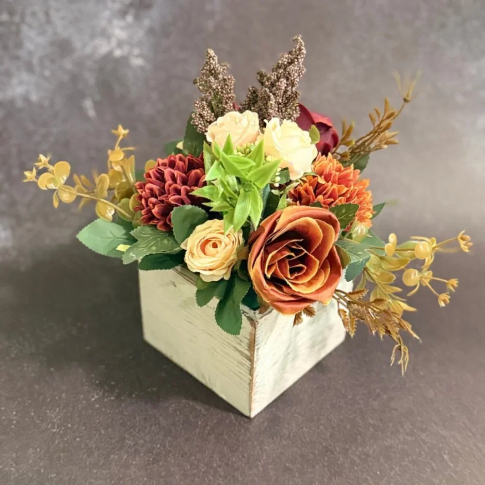 Fall Faux Floral Arrangement in Rustic Wooden Box – Home or Office Decor